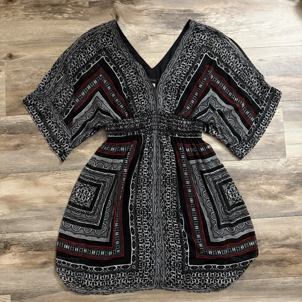 B. Smart Boho Paisley Kimono Sleeve Dress Black Red White Elastic Waist Sz 12